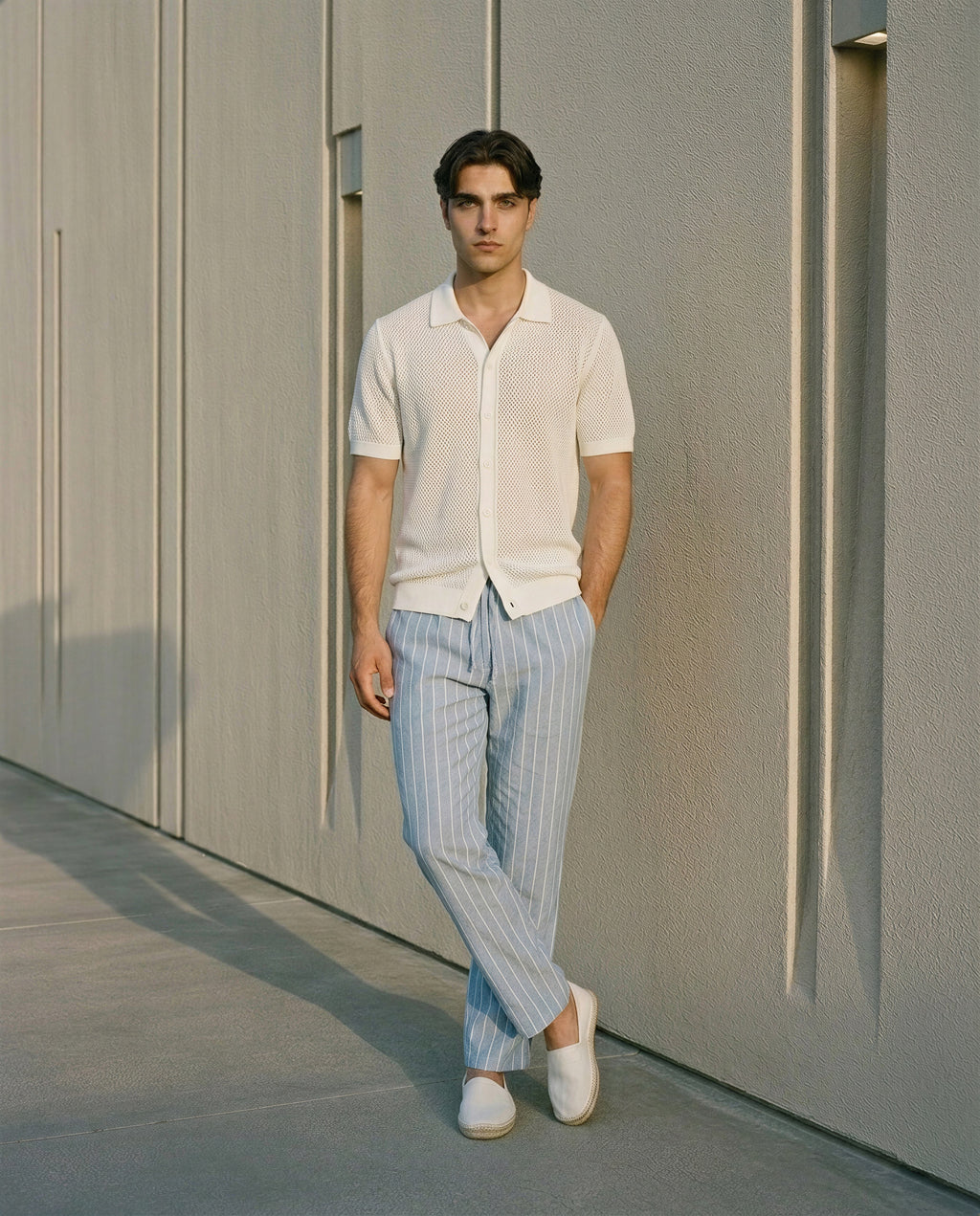 Azure blue Cotton linen striped trouser relaxed