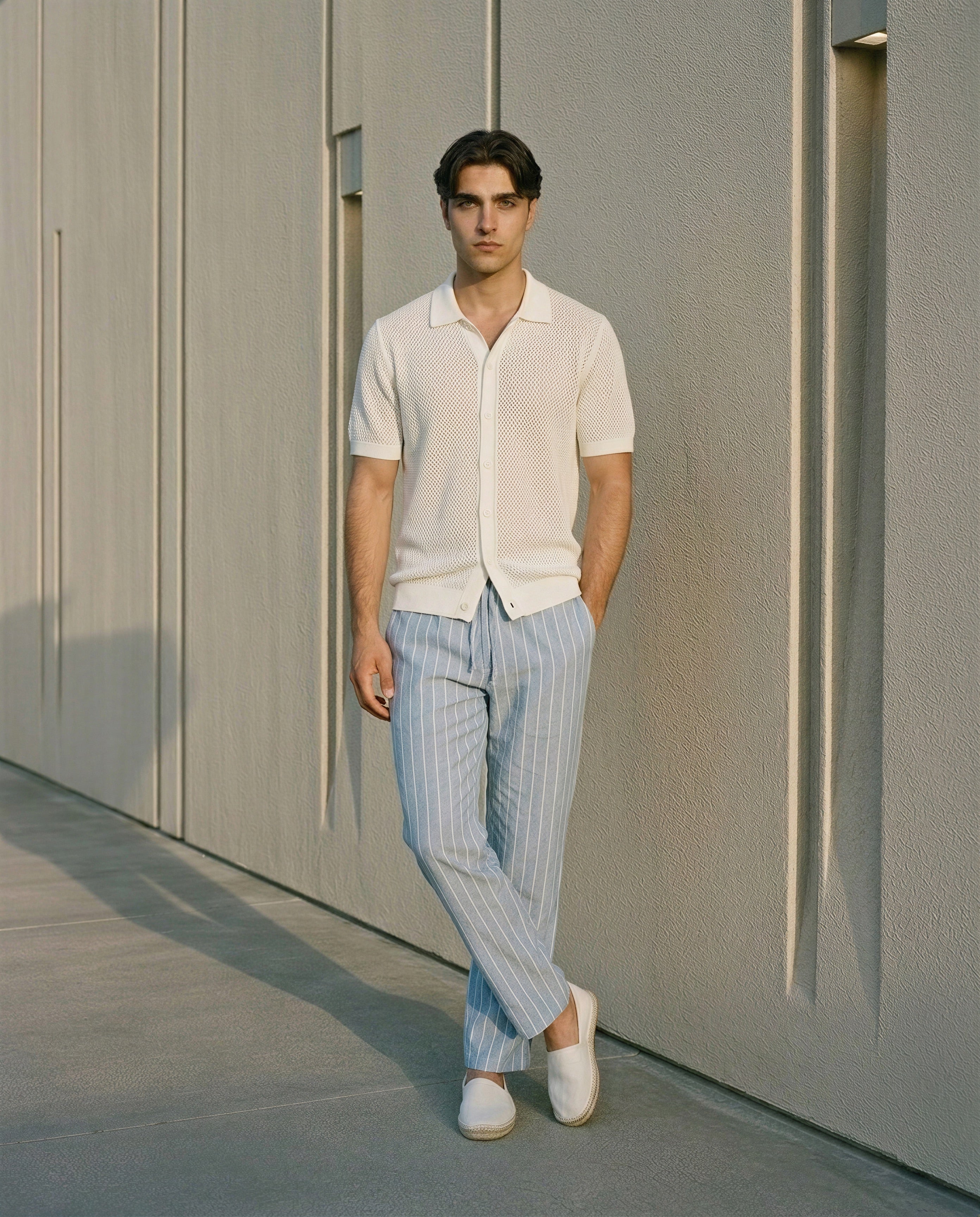 Azure blue Cotton linen striped trouser relaxed