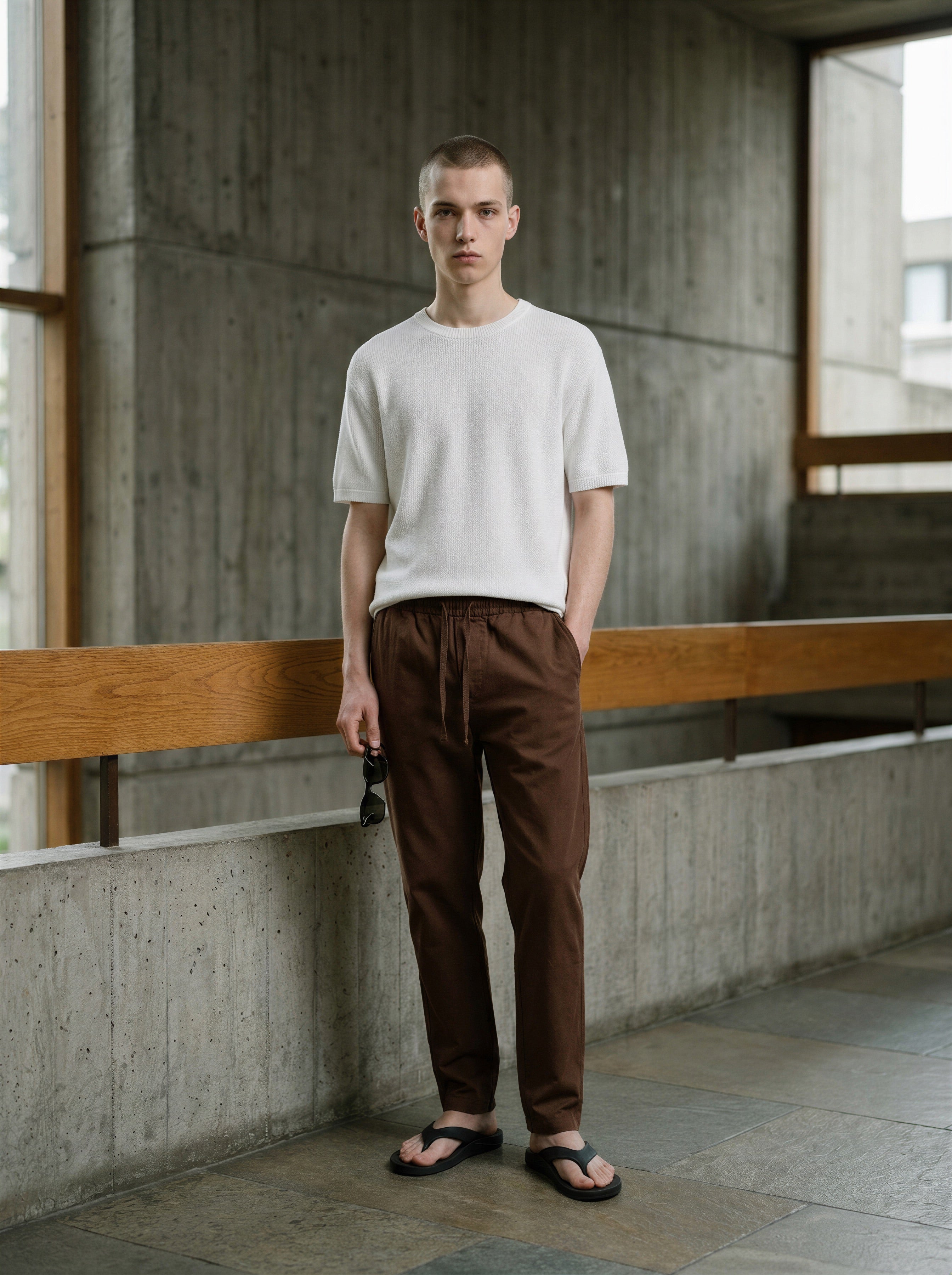 Linen cotton relaxed-fit drawstring trousers in chocolate