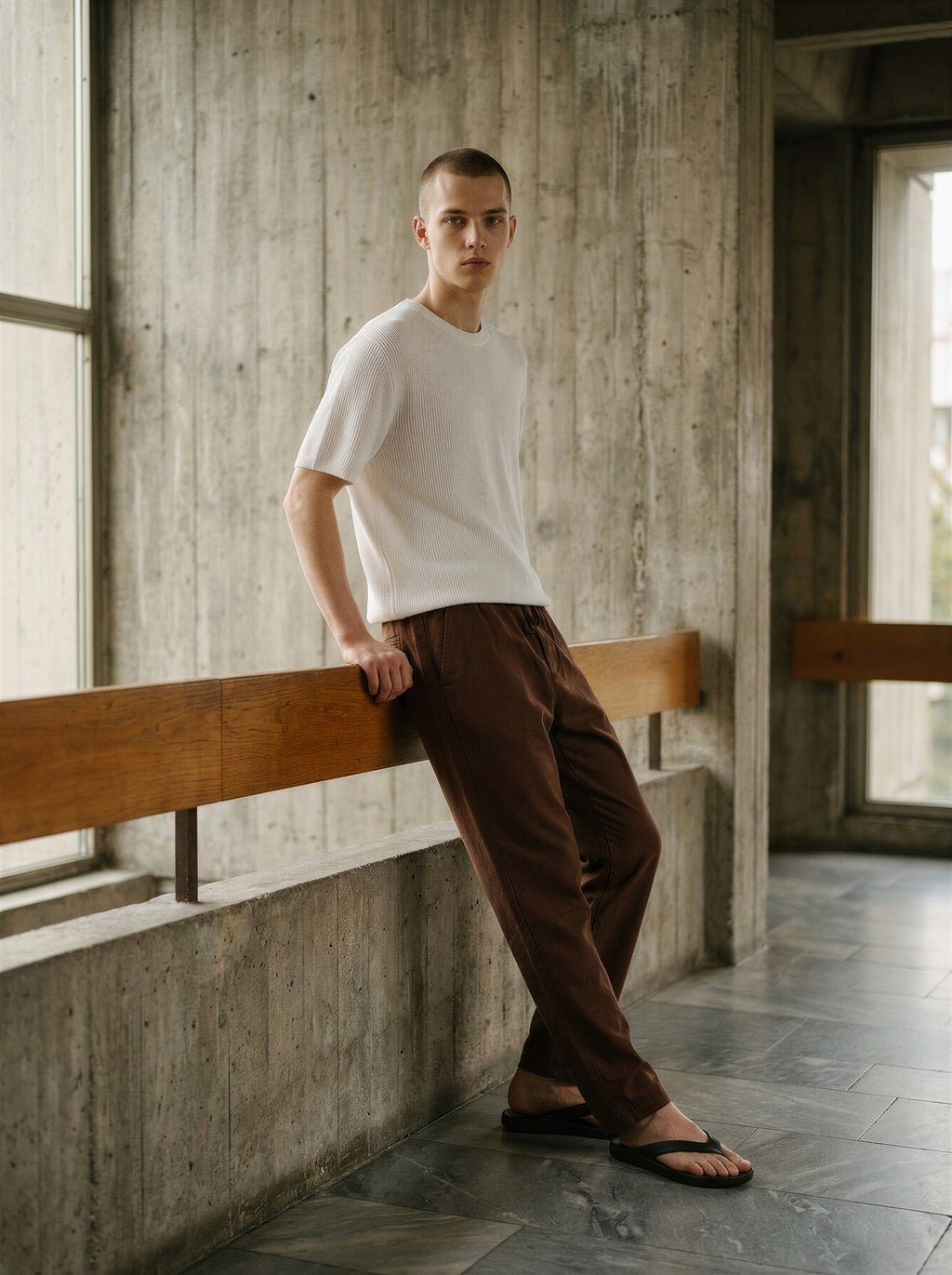 Linen cotton relaxed-fit drawstring trousers in chocolate