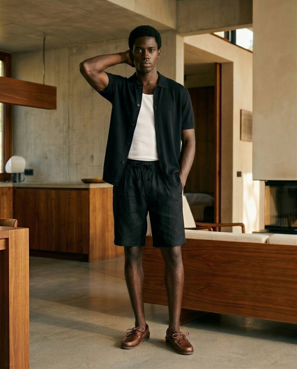 Drawstring cotton linen shorts black
