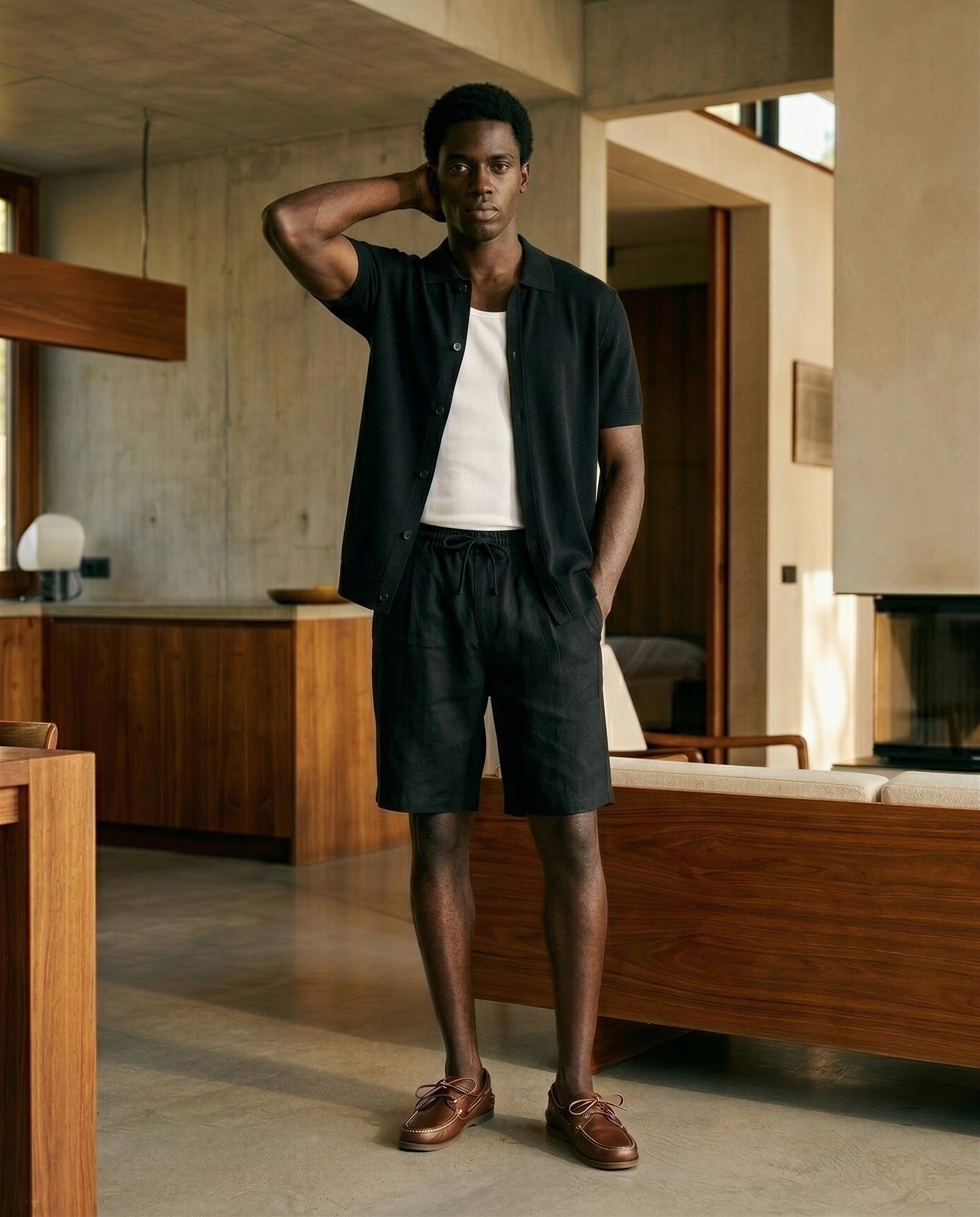 Drawstring cotton linen shorts black