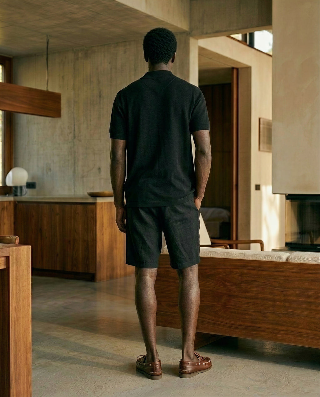 Drawstring cotton linen shorts black